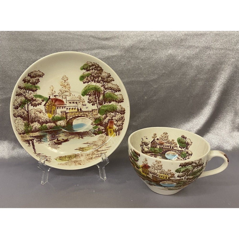 VNTG Nasco Holiday Water Canal Bridge Scene Cup Saucer Set Japan Made PreOwned